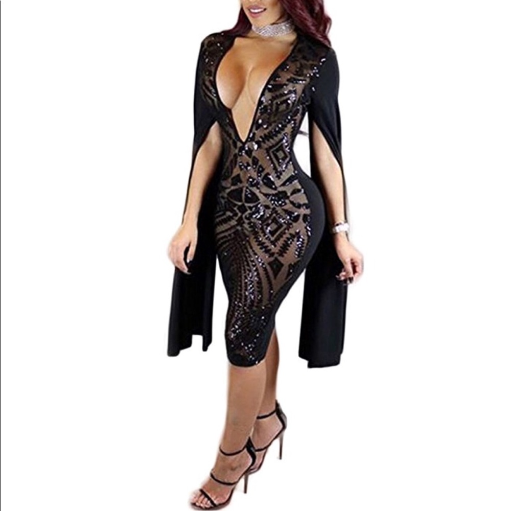 Women's Long Sleeve Deep V-Neck Sequins dress